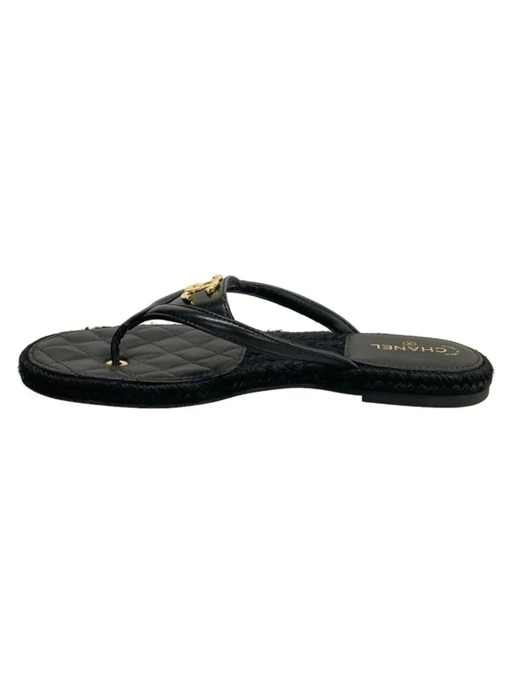 Chanel Beach Sandals Black Metiers d'Art Collection CC Logo Gold Lambskin